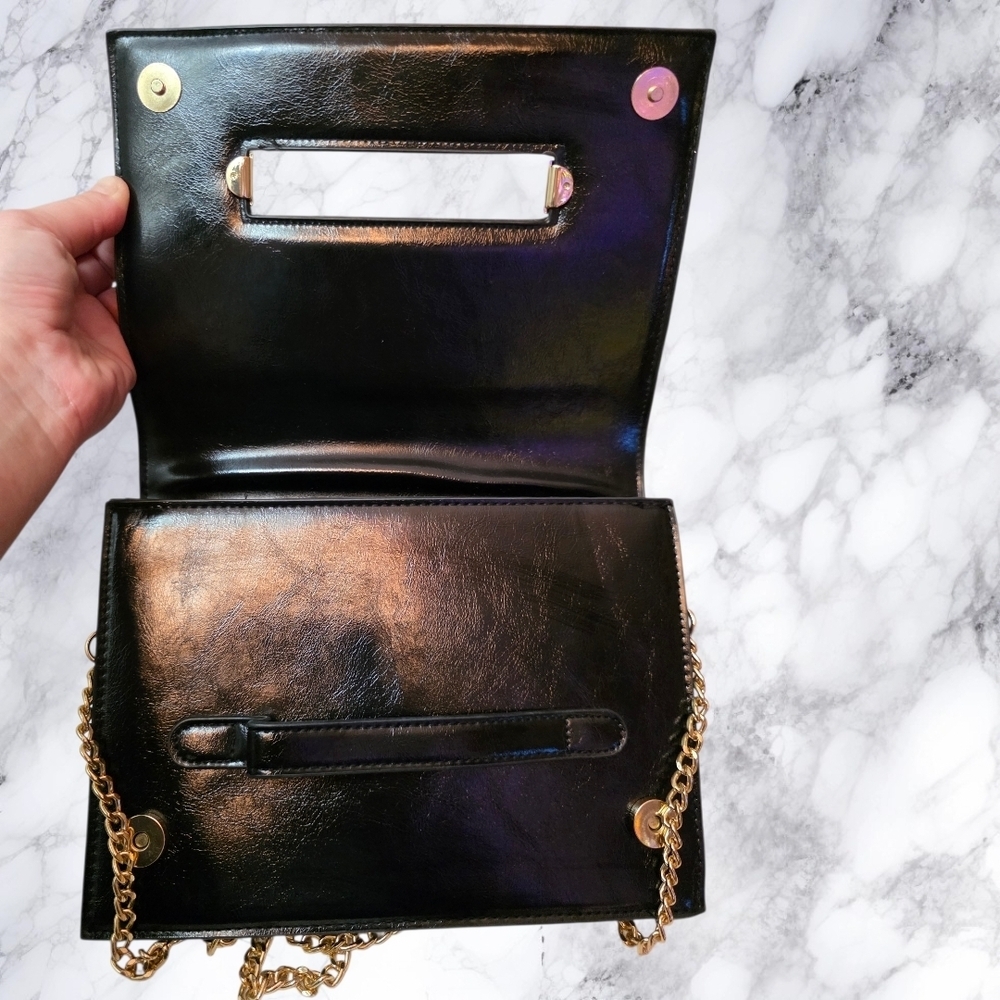 Kensie Black Leather Clutch Crossbody Gold Chain Evening Bag Minimalist Chic - Picture 2 of 16